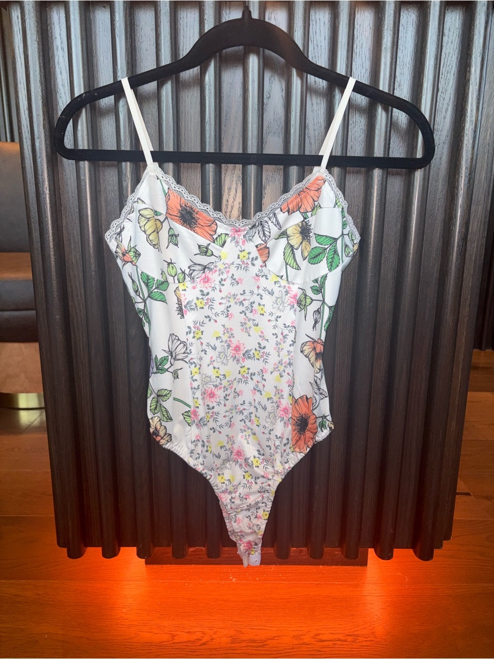 White Floral Lace-Trim Bodysuit with Adjustable Straps
